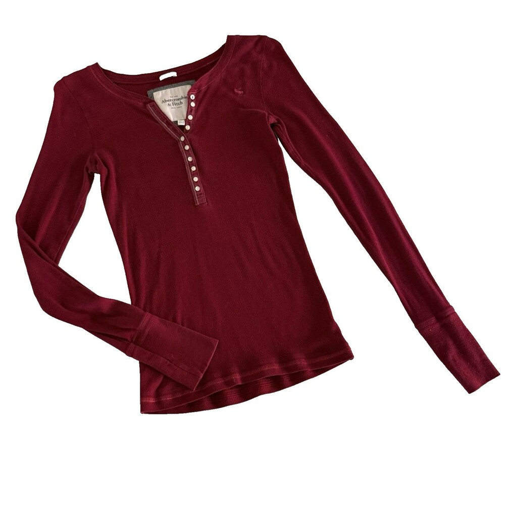 Vtg Y2K Abercrombie & Fitch Bella Swan Burgundy Henley Top LS Ribbed Stretch L